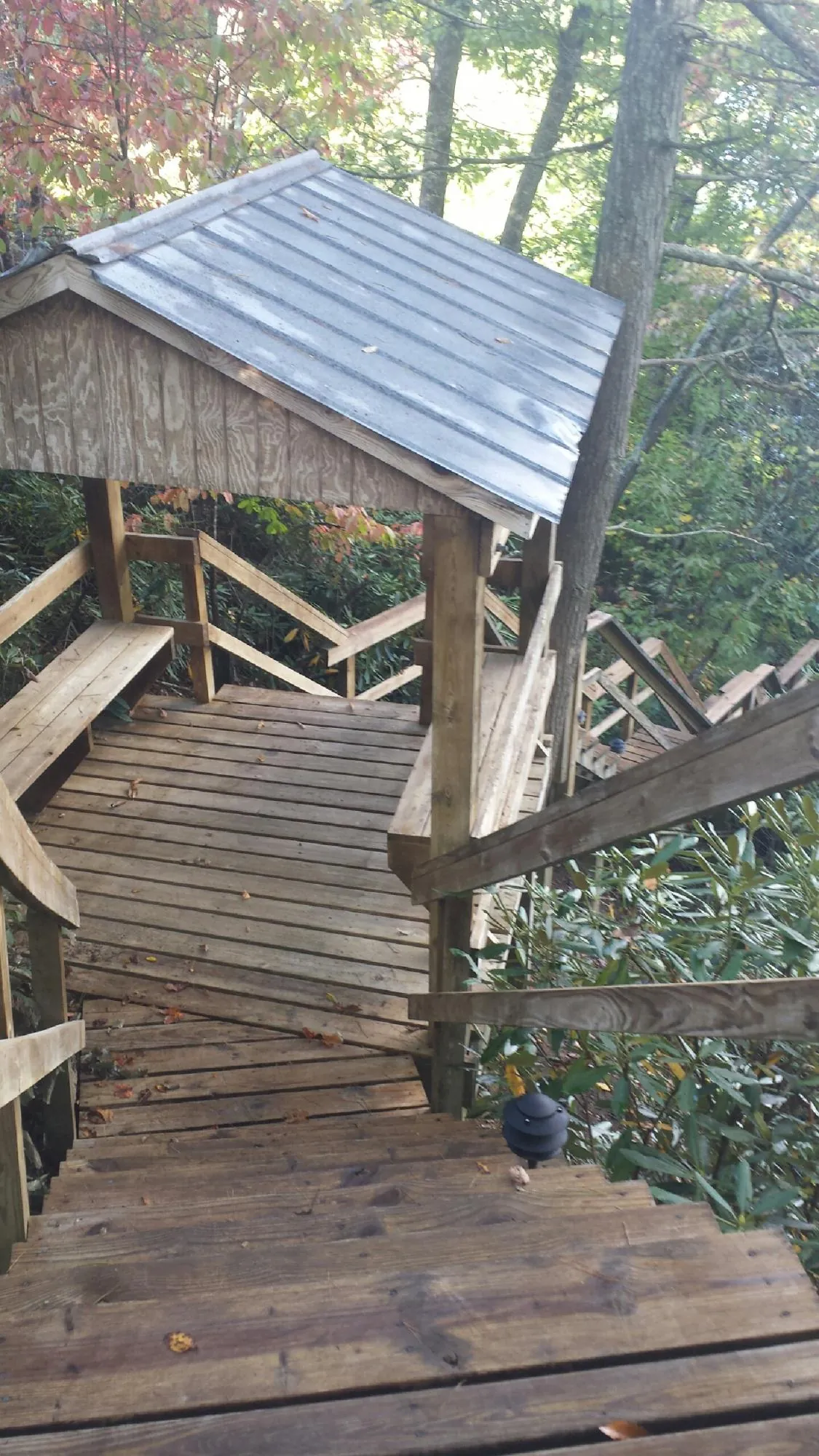 Metal roofed shelter over wooden steps on a wooded walkway — Skylight Repair & Installation work by our crew in Brogue